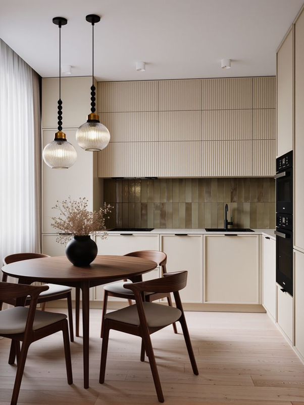 Warm contemporary kitchen with natural timber dining furniture