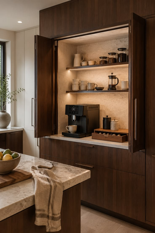 Bespoke walnut kitchen cabinet with concealed coffee station